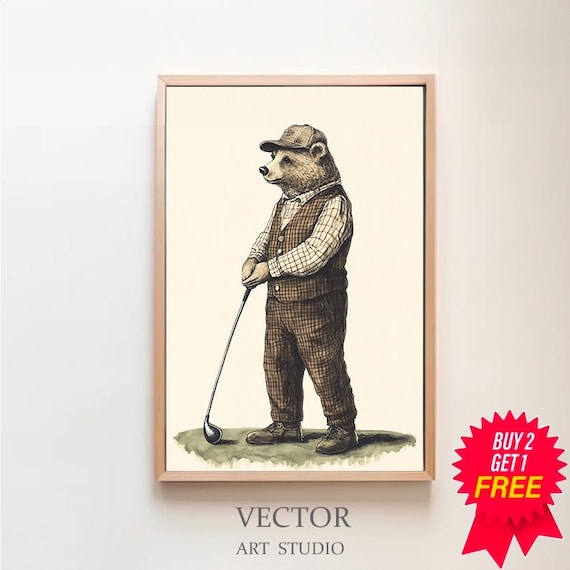 Vintage Bear Golfer in Plaid Vest Illustrated Wall Decor Poster