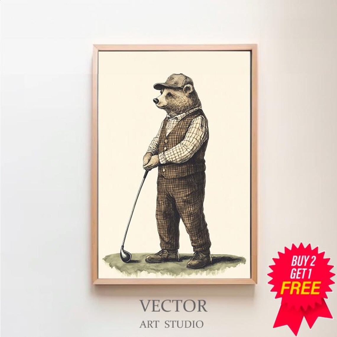 Vintage Bear Golfer in Plaid Vest Illustrated Wall Decor Poster