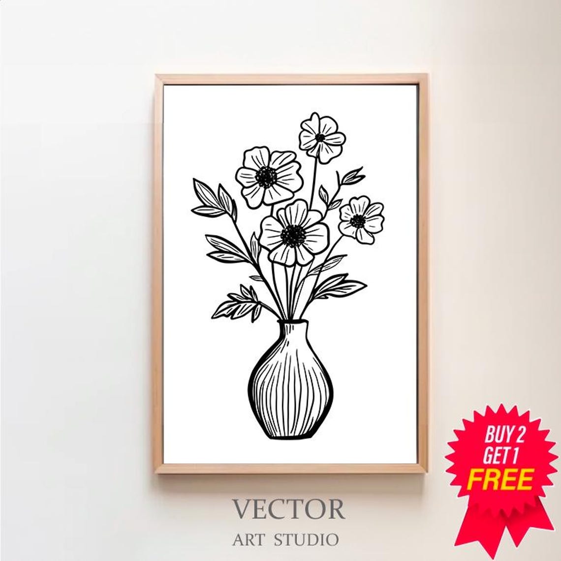 Minimalist Flower Line Drawing in a Round Ribbed Vase Poster
