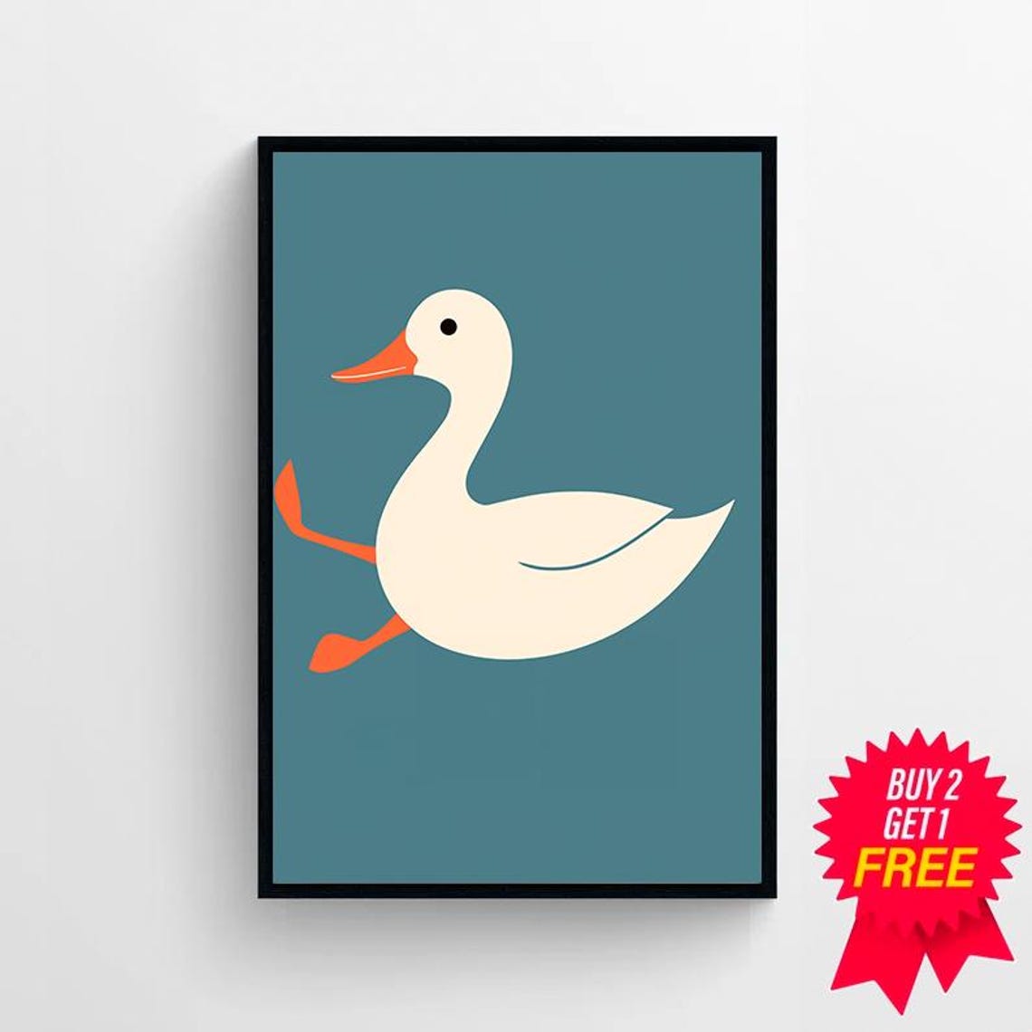 Minimalist White Duck Running on Teal Modern Style Nursery Poster - Image 4
