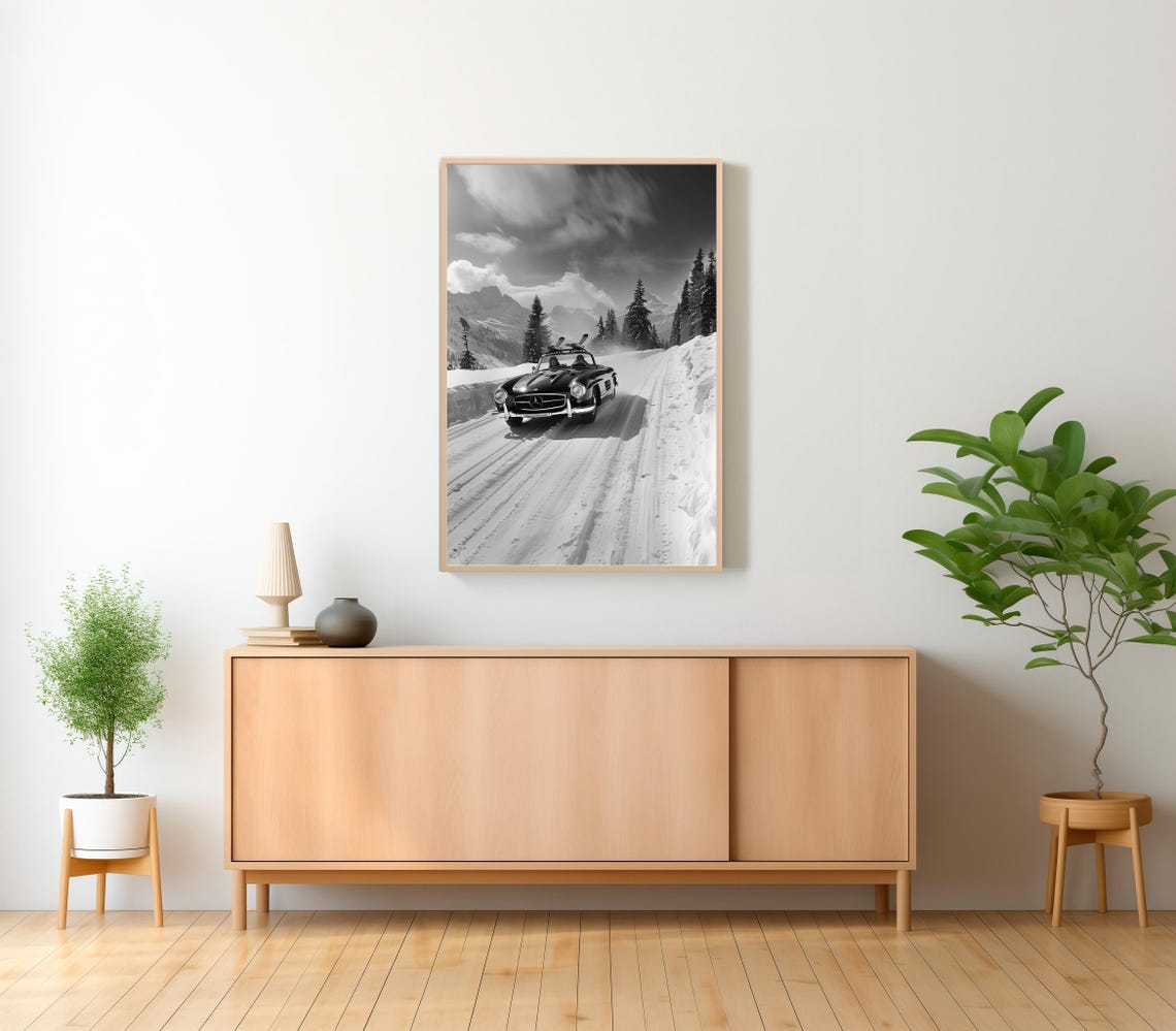 Vintage Mercedes Convertible Driving Snowy Mountain Road Poster - Image 2