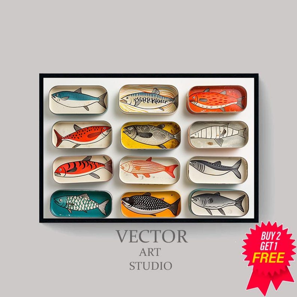 Twelve Painted Fish Sardine Tins in a Grid Kitchen Decor Poster - Image 4