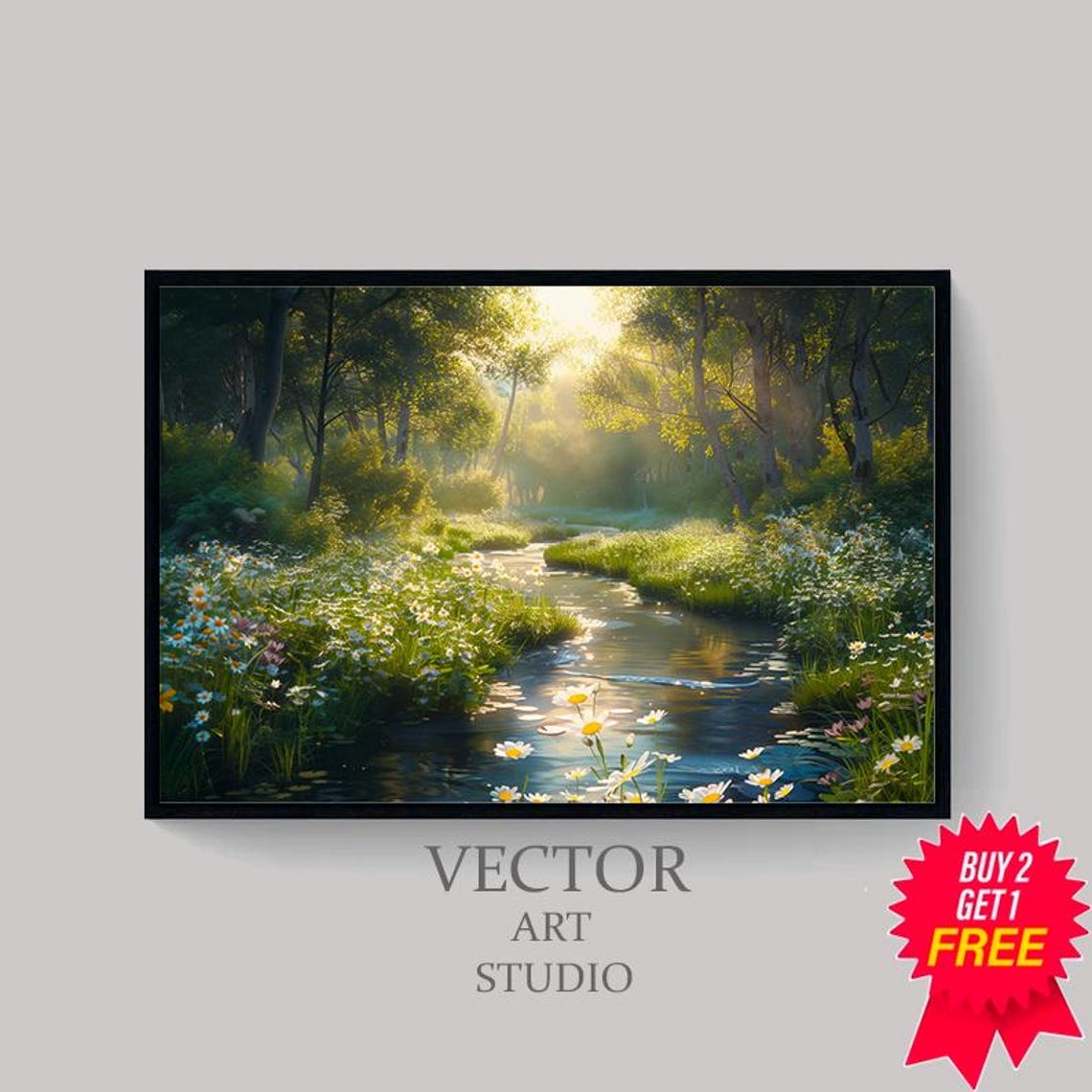 Spring Stream Through A Daisy Meadow Forest Landscape Art Poster - Image 4