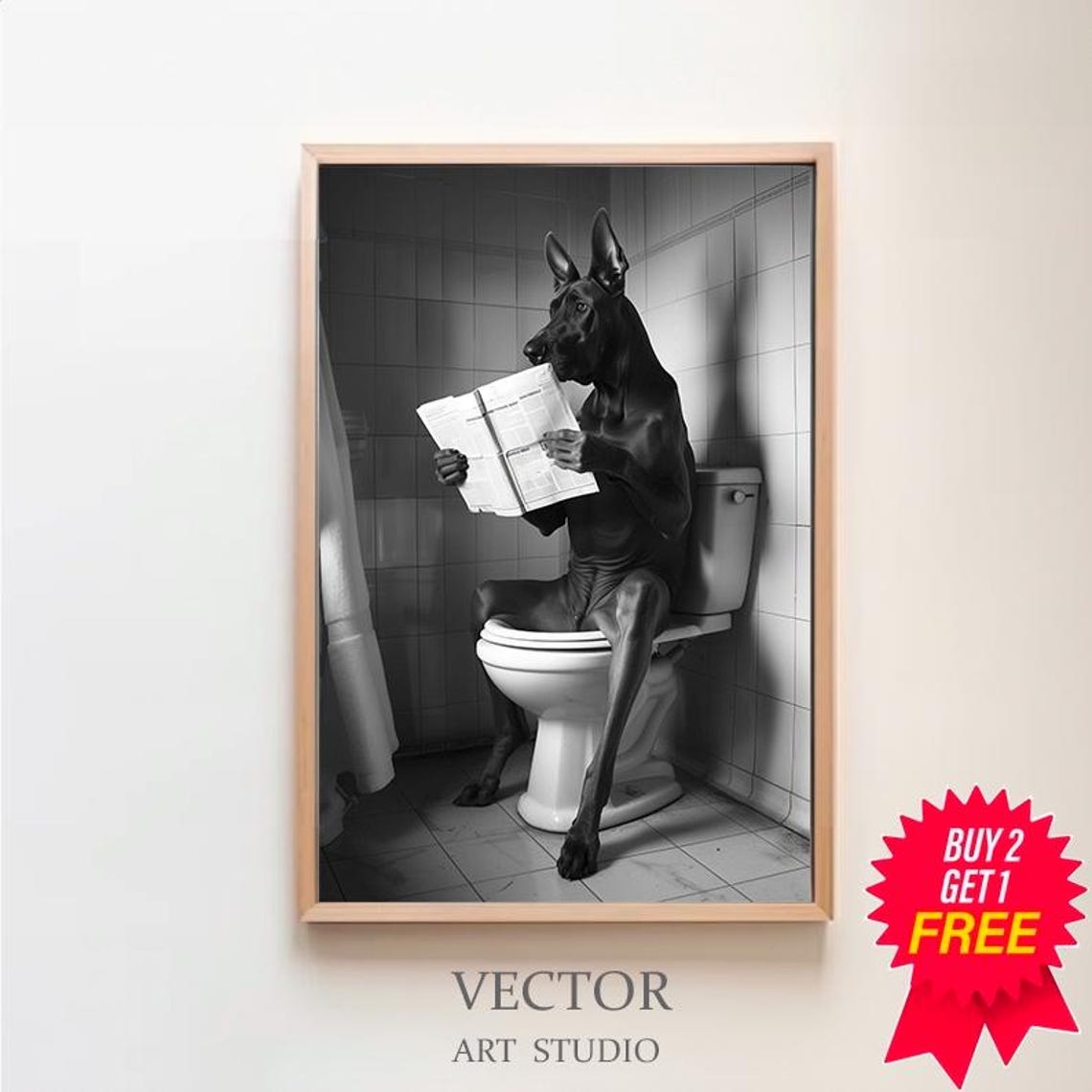 Doberman Reading on Toilet Looking at Camera Funny Dog Photo Poster