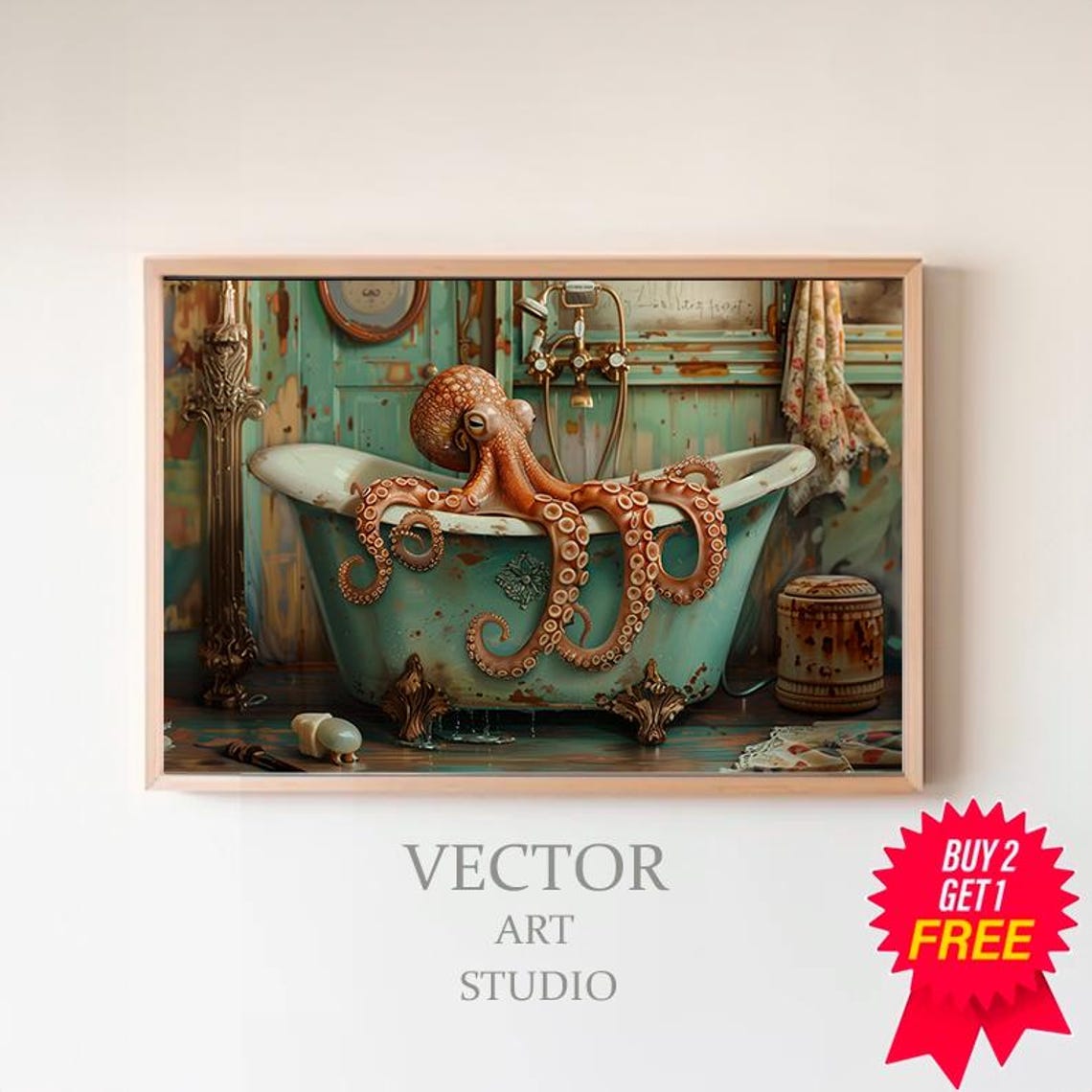 Funny Bathroom Wall Art Octopus In The Bathtub Oil Painting Octopus Wall Art Animal In Bathtub Dark Humor Whimsy Animal Art