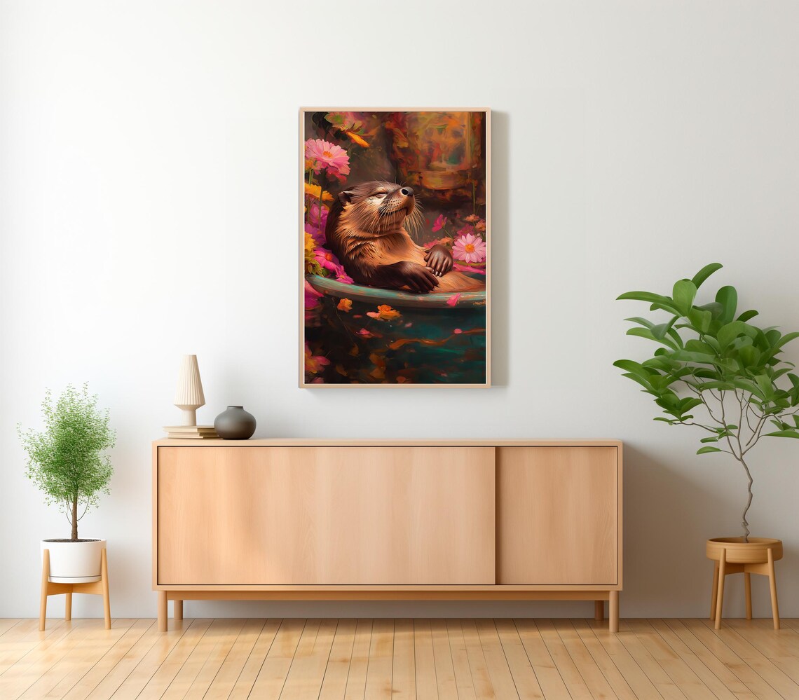 Dreamy Otter Resting in a Teal Tub Surrounded by Pink Flowers Poster - Image 2