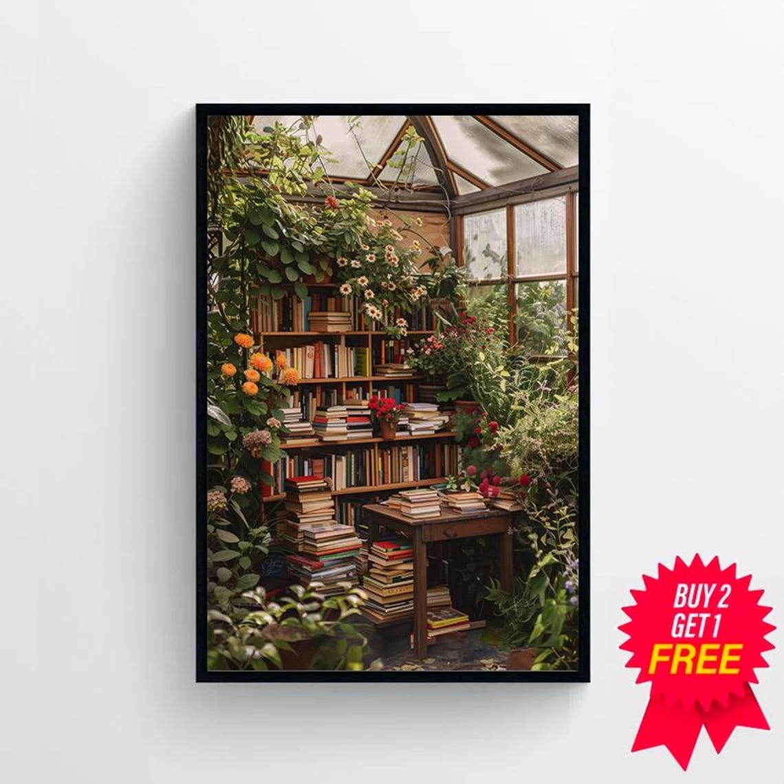 Conservatory Library Painting with Plants Books and Flowers Poster - Image 4