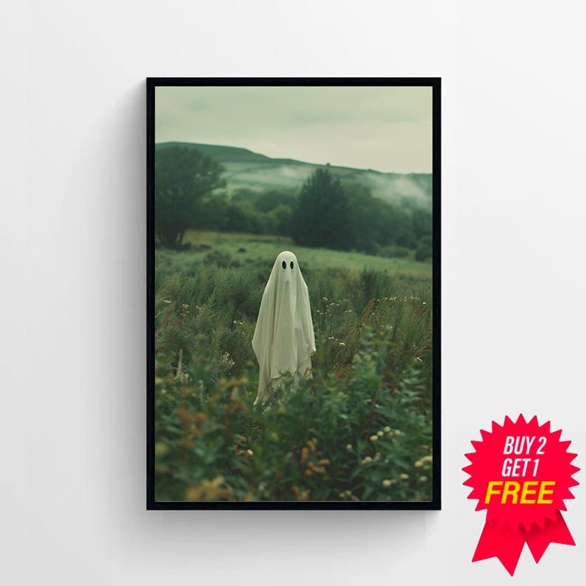 Spooky Ghost Standing in a Green Forest Meadow Daytime Art Poster - Image 4