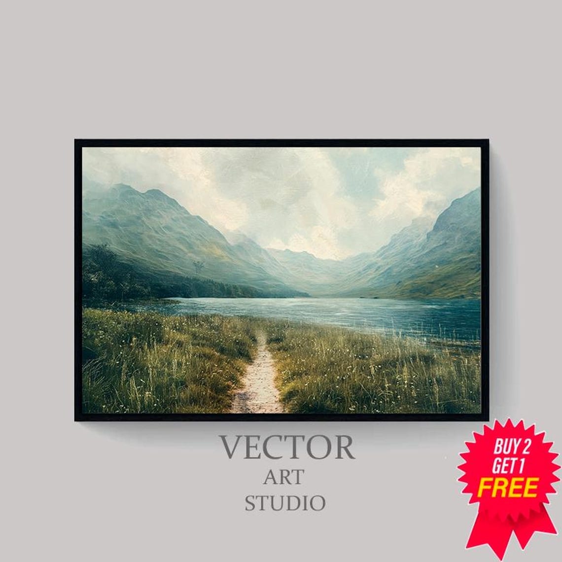 Misty Mountain Lake and Meadow Path Vintage Nature View Poster - Image 4