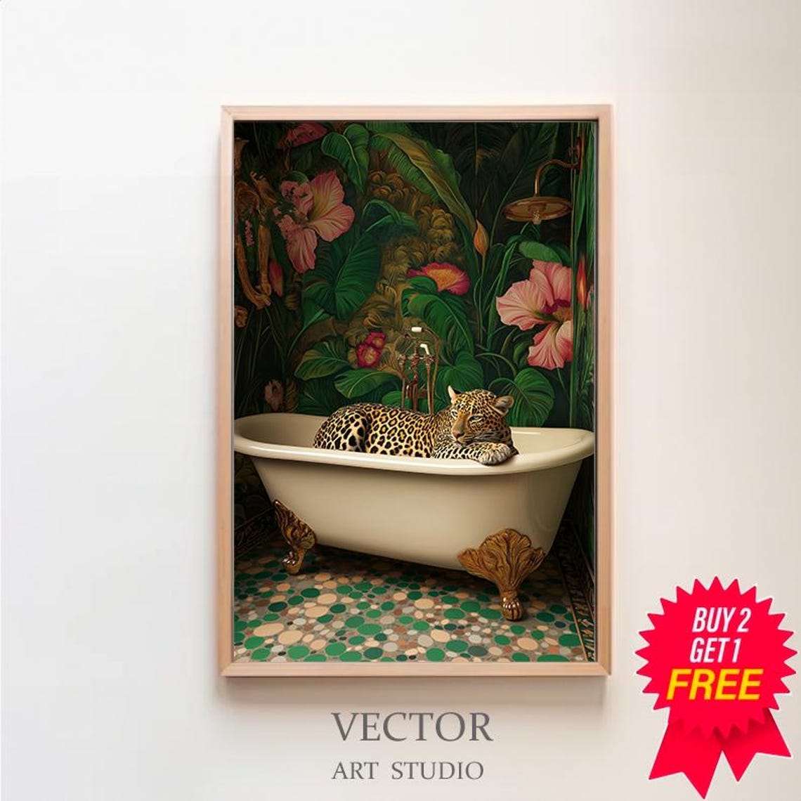 Wall Art Leopard In A Bathtub Maximalist Oil Painting Colorful Trendy Kitsch Bathroom Print Vivid Bold Dopamine Animal Picture