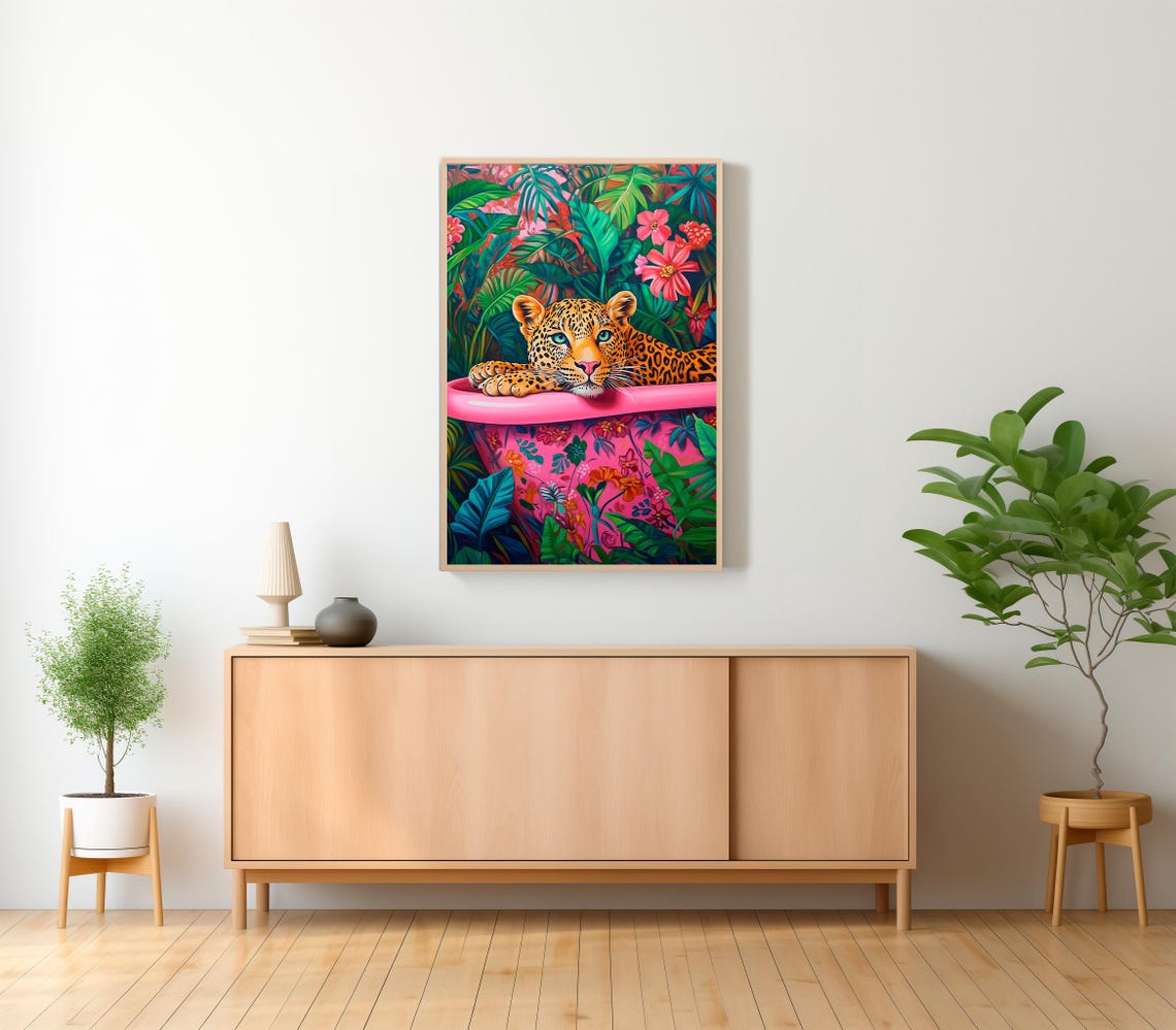 Leopard Lounging on Pink Bathtub Edge in Tropical Jungle Poster - Image 2