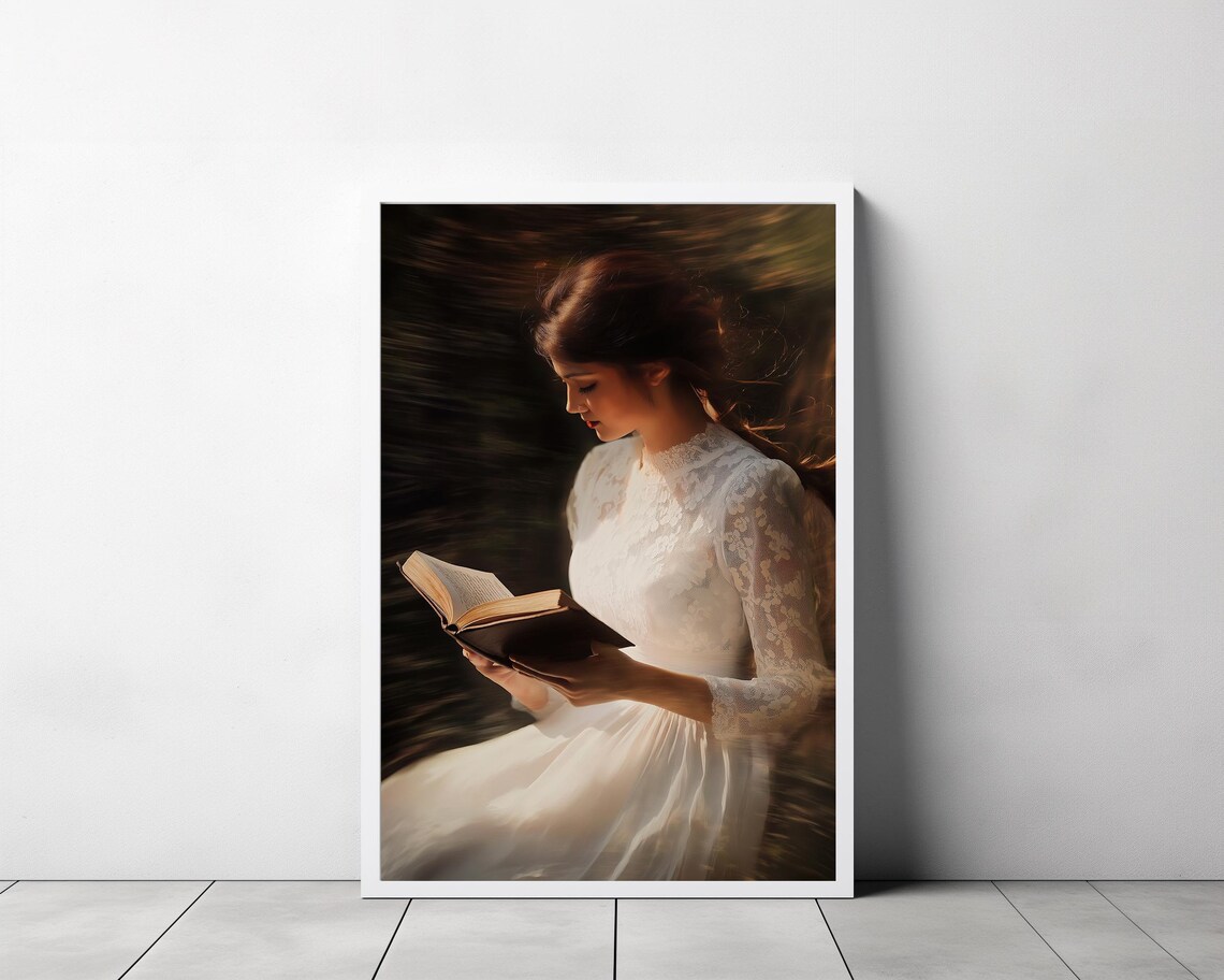 Woman Reading in a White Dress Vintage Style Library Art Poster - Image 3