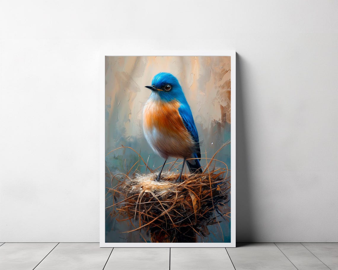 Bluebird Standing on Nest in Cool Blue Tones Vintage Bird Art Poster - Image 3