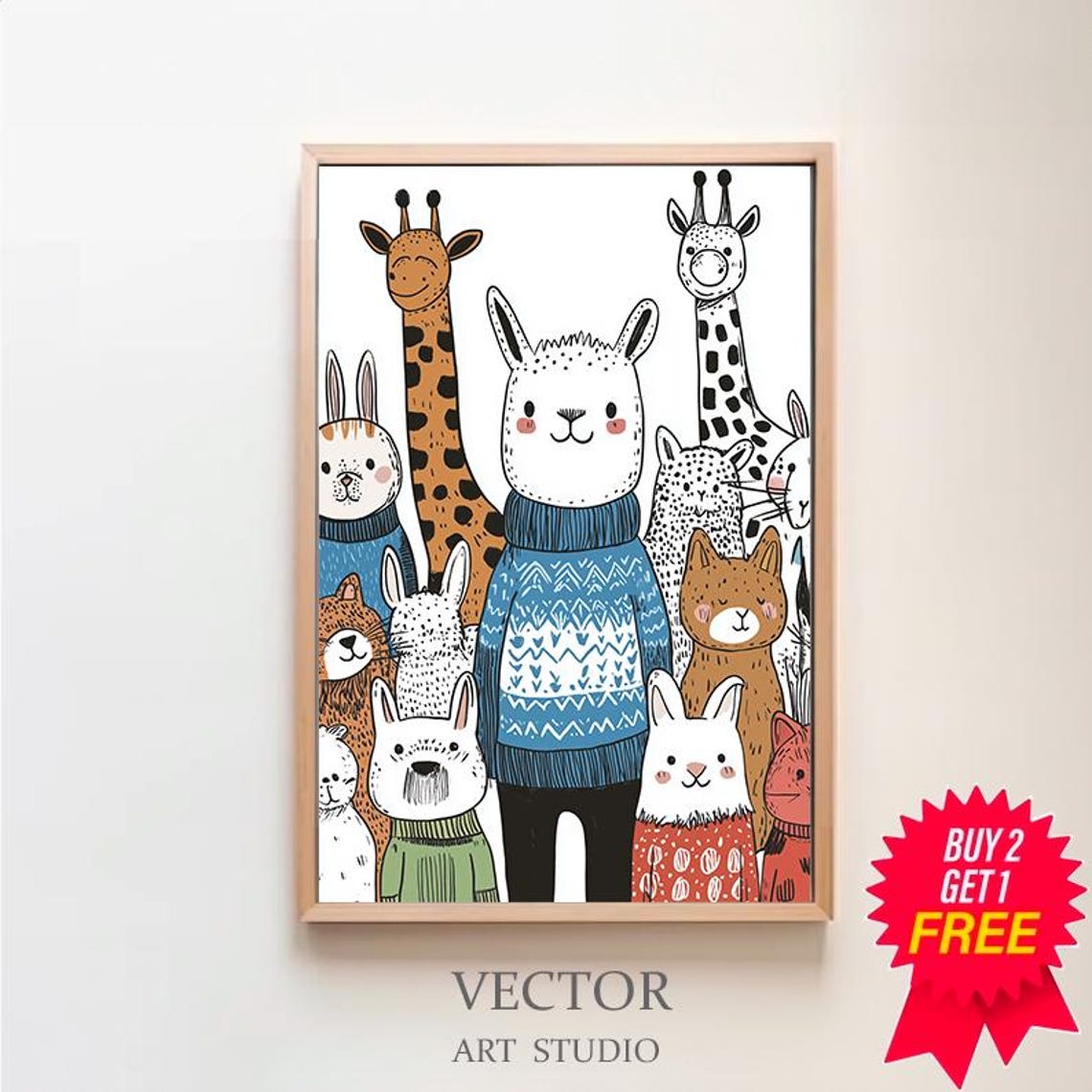 Smiling Cartoon Animals in Cozy Knitted Sweaters Kids Nursery Poster