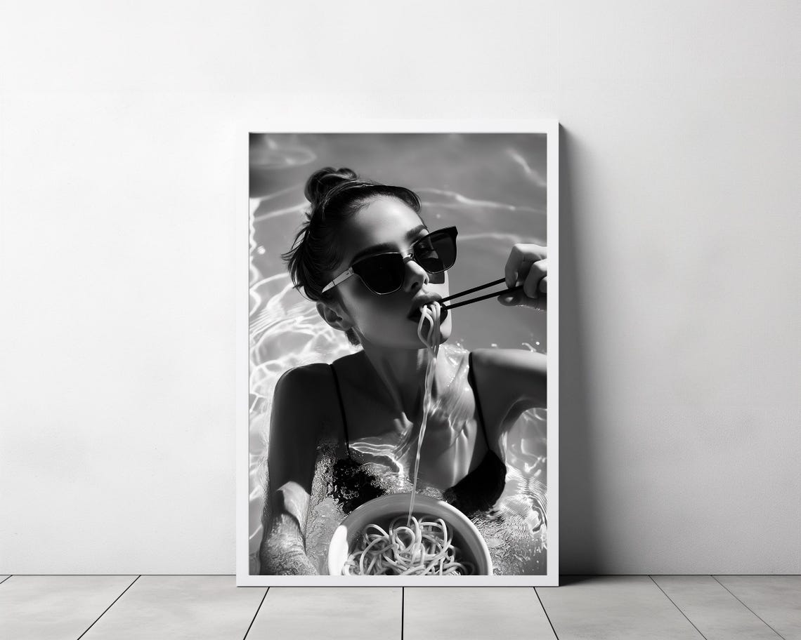 Woman Eating Noodles With Chopsticks In Pool Black White Print - Image 3
