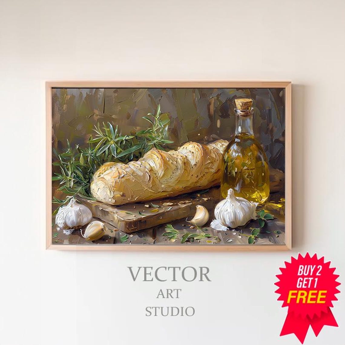 Rustic Bread Loaf Garlic Olive Oil Kitchen Still Life Poster