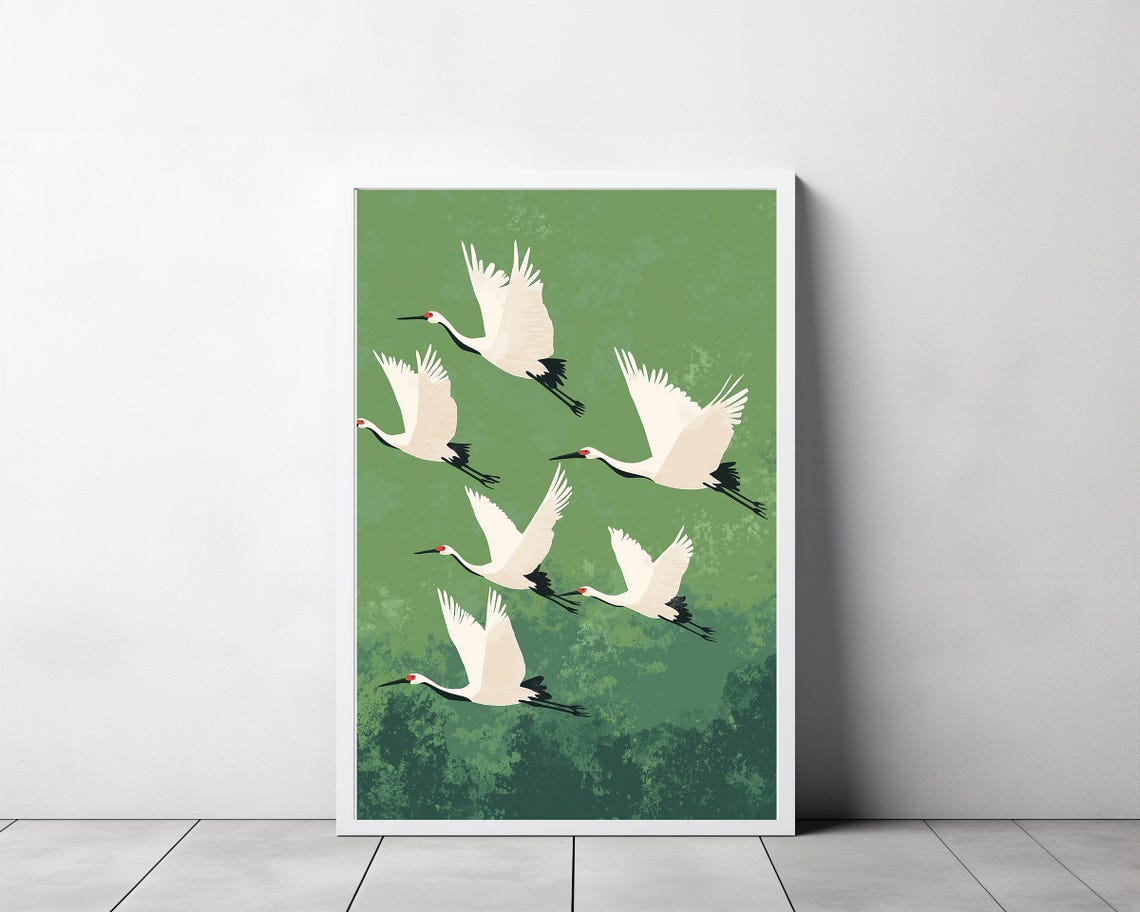 Six White Japanese Cranes Flying on Green Japandi Bird Art Poster - Image 3