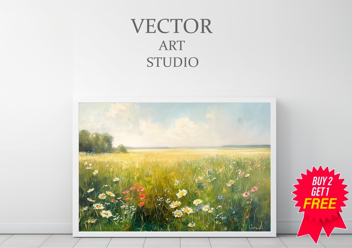 Sunlit Wildflower Meadow Summer Landscape Oil Painting Art Poster - Image 3