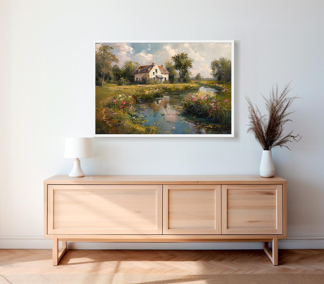 Country Cottage Beside Wildflower Stream Meadow Oil Painting Poster - Image 2