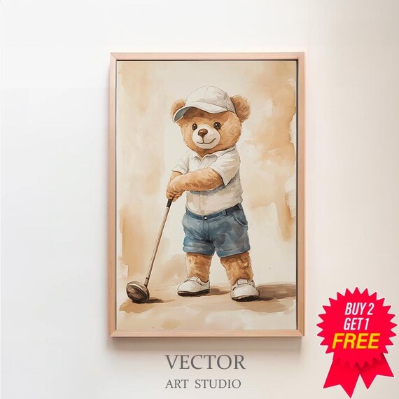 Teddy Bear Golfer in a Cap Taking a Swing on the Course Poster
