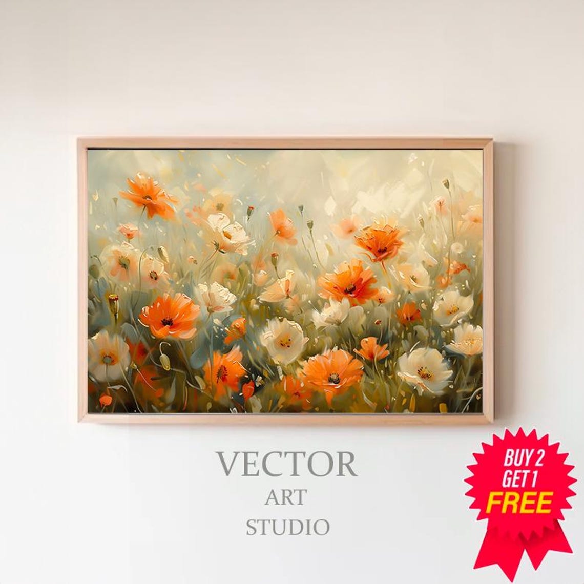 Orange Wildflowers Meadow Watercolor Bright Spring Floral Poster