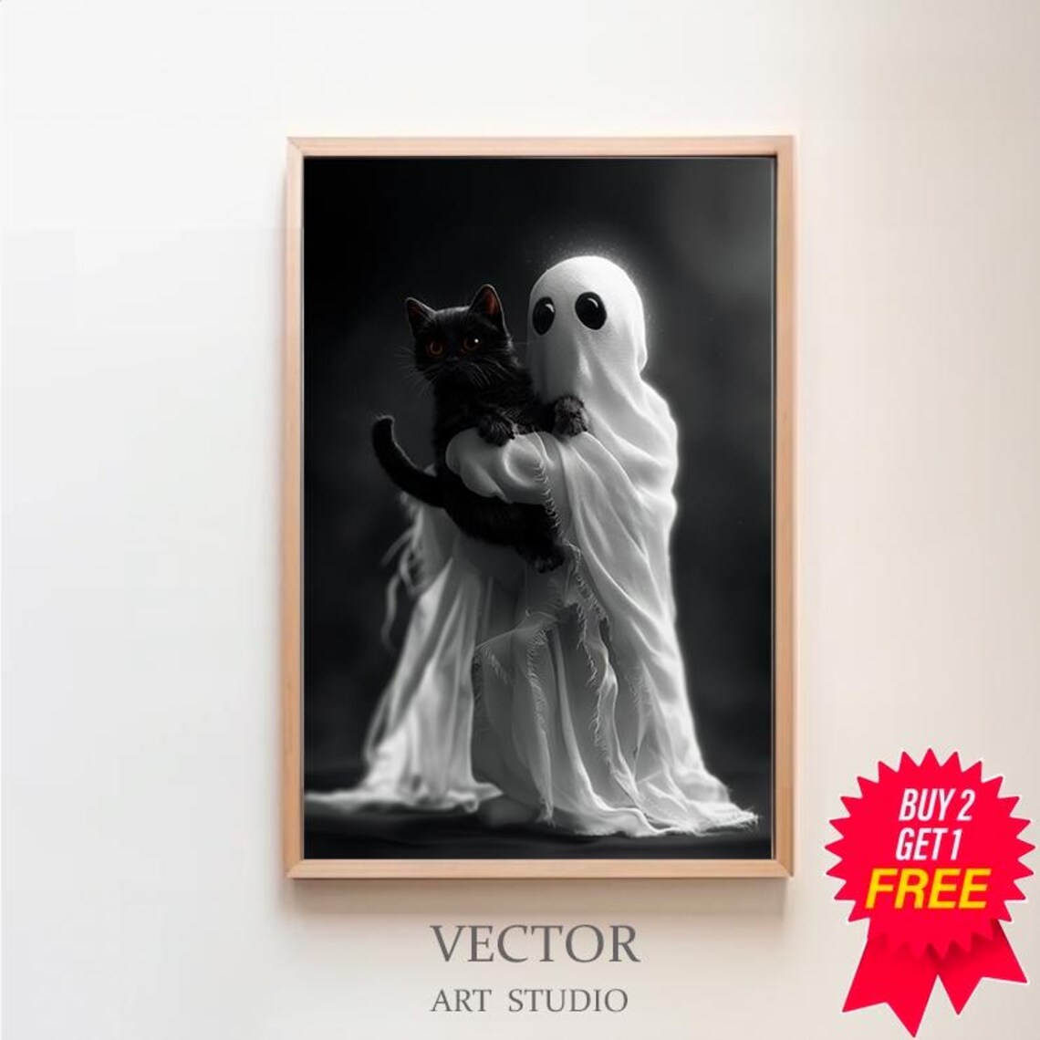 Adorable Sheet Ghost Cuddling Black Cat Dark Background Halloween Poster