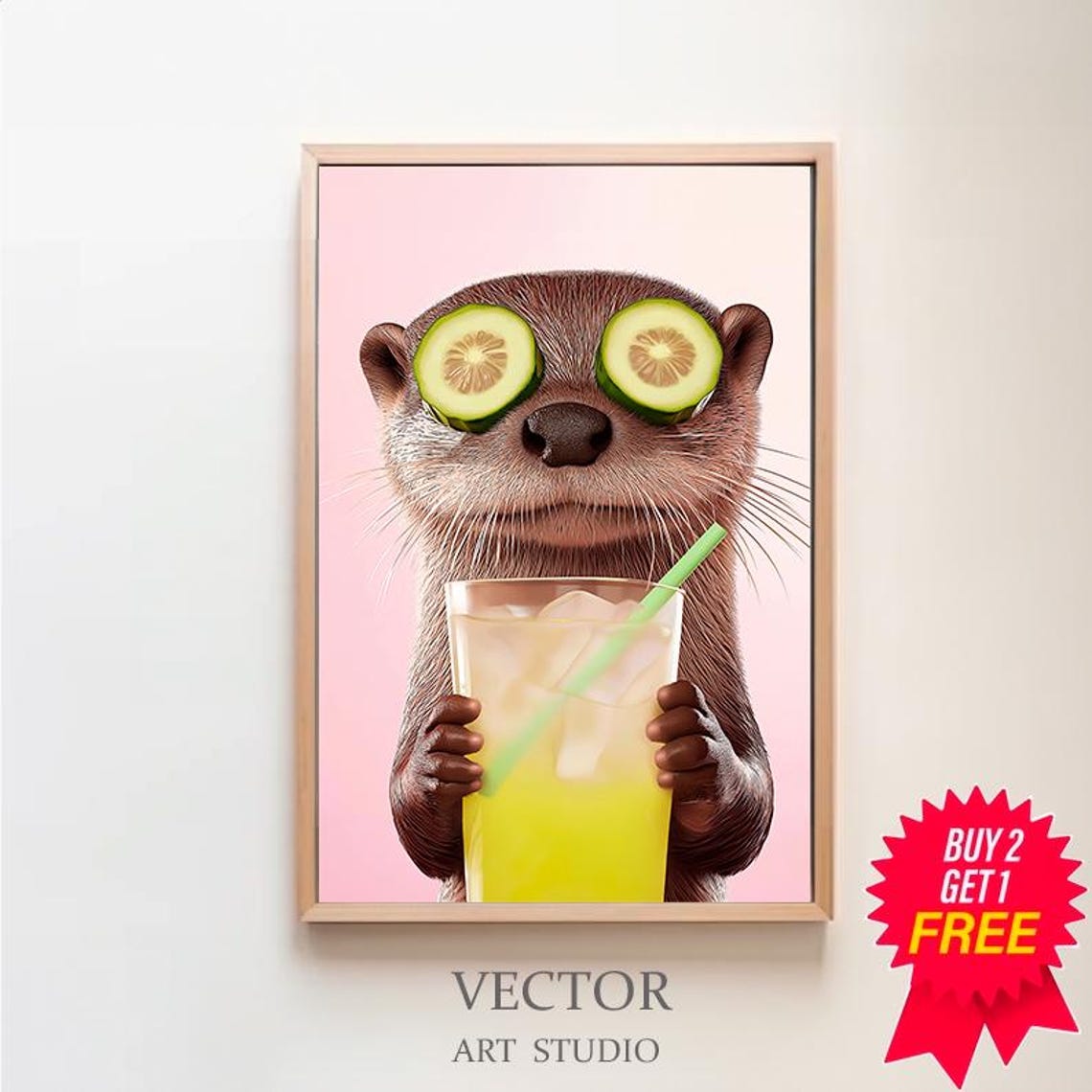 Funny Otter with Cucumber Slices Sipping Lemonade on Pink Poster