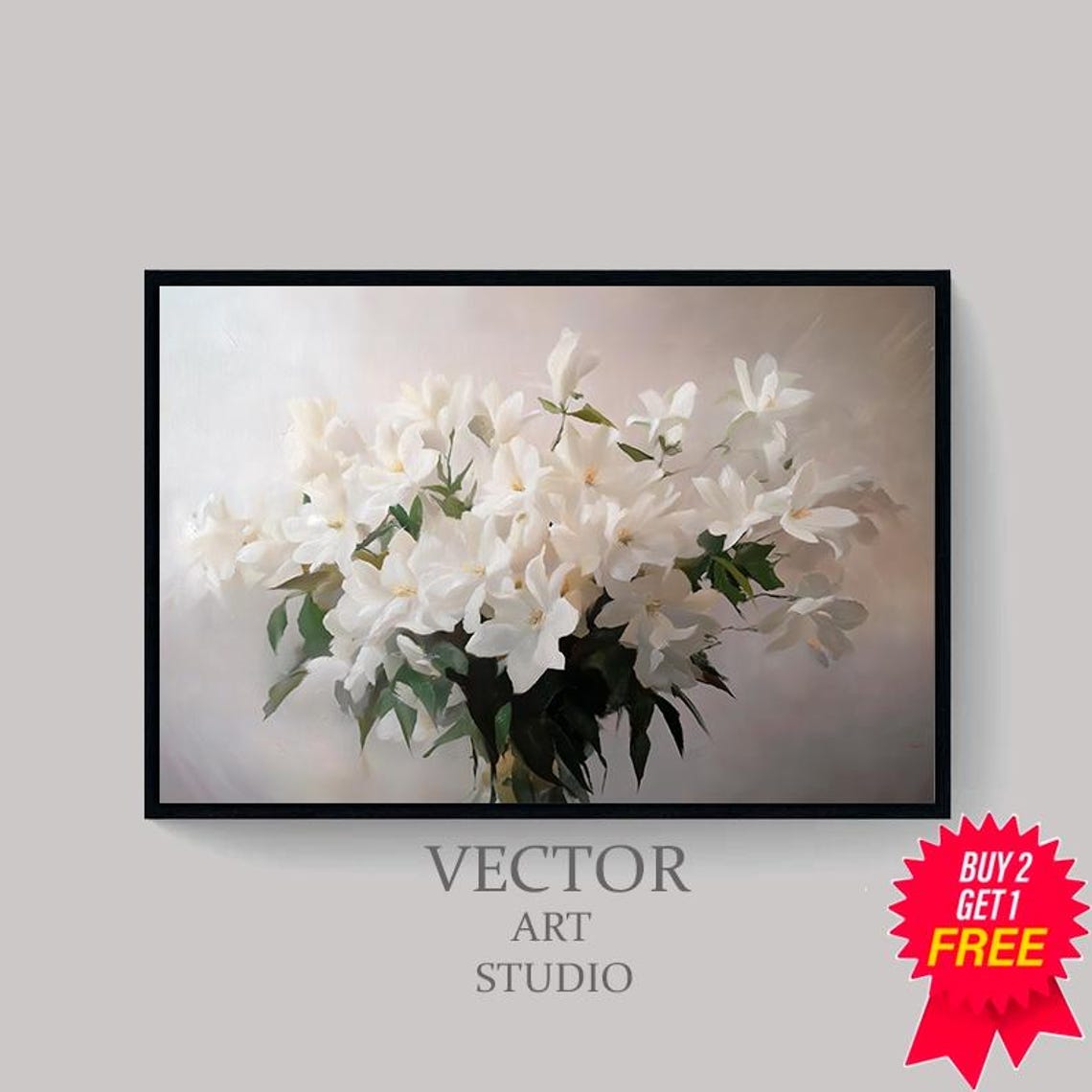 White Blossom Bouquet On Soft Gray Oil Painting Floral Poster - Image 4