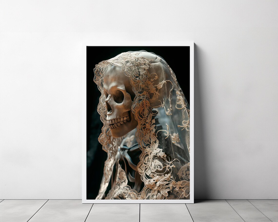 Skull Bride in Antique Lace Veil Gothic Dark Academia Halloween Poster - Image 3
