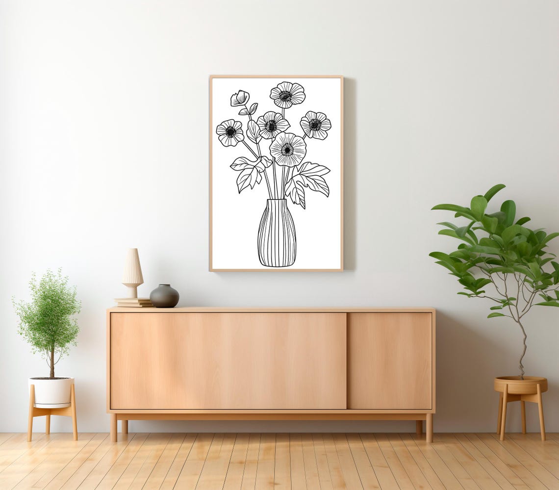 Black and White Anemone Line Drawing in a Tall Ribbed Vase Poster - Image 2