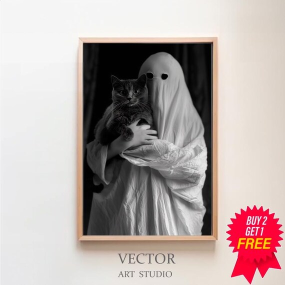 Cute Sheet Ghost Holding a Black Cat Black and White Halloween Poster