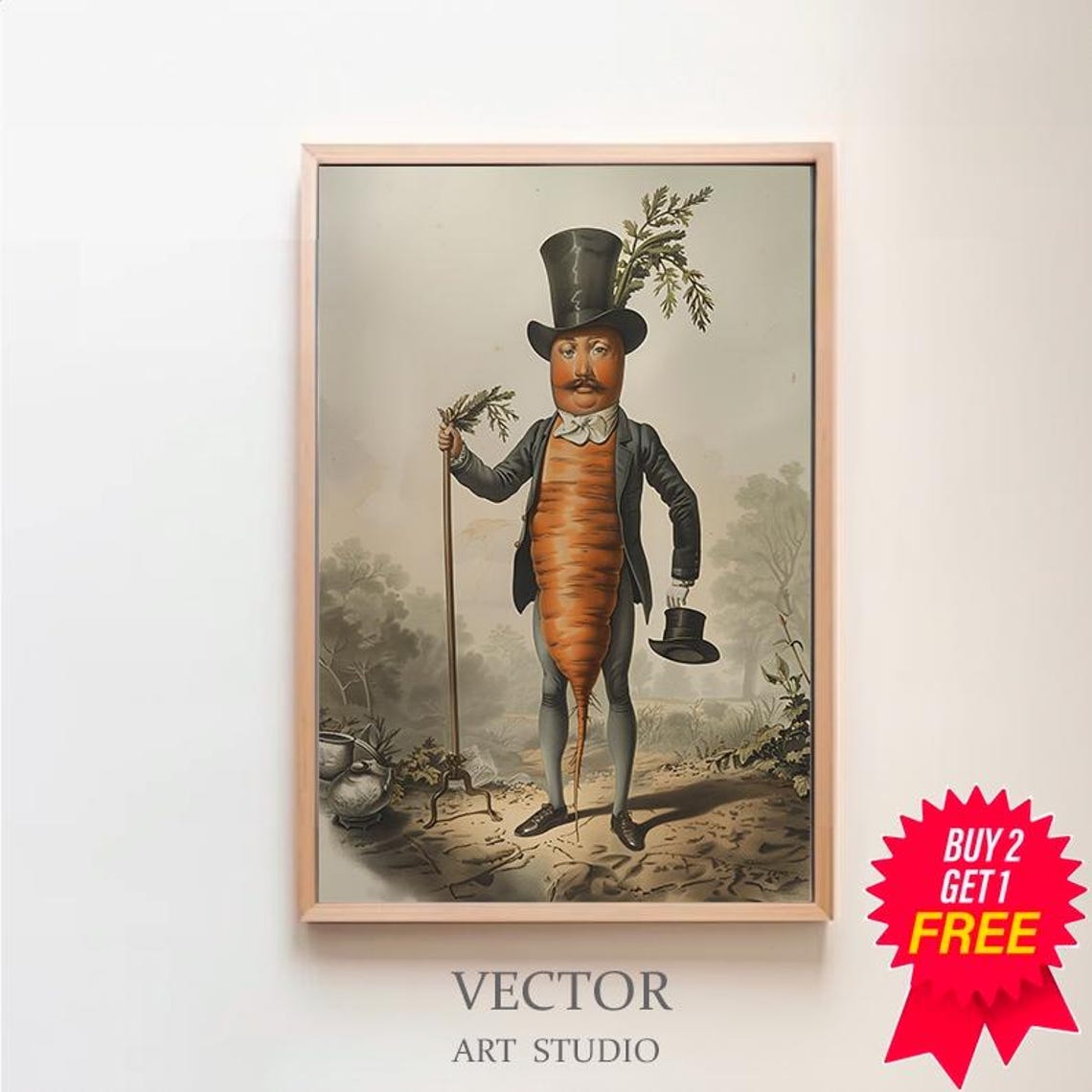Anthropomorphic Carrot Gentleman in Top Hat Vintage Whimsy Poster