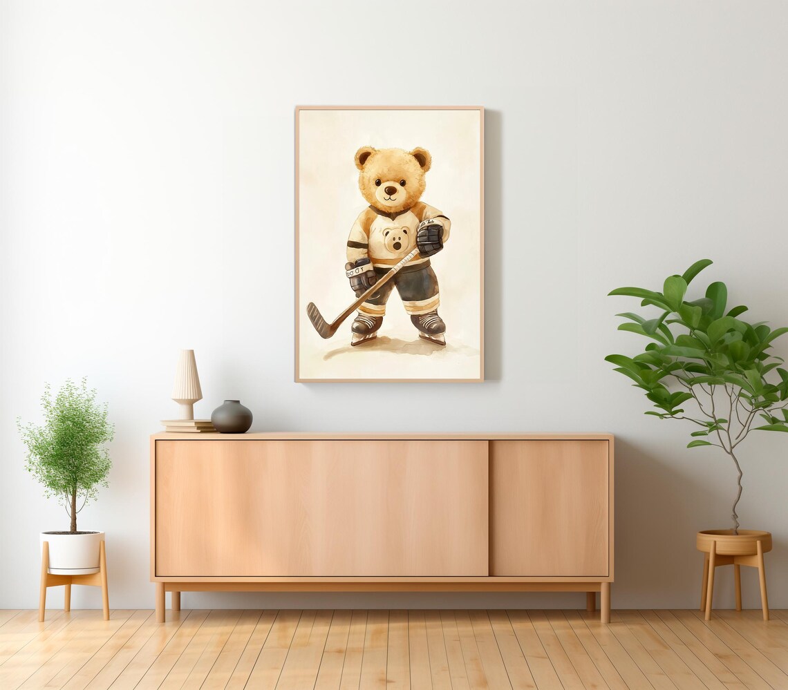Teddy Bear Playing Hockey, Kids Room Art Print - Image 2