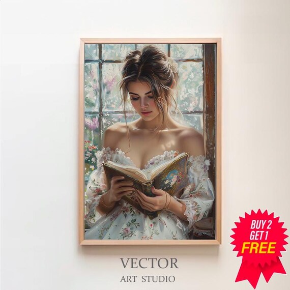 Woman Reading by a Flower-Filled Window in a White Dress Poster