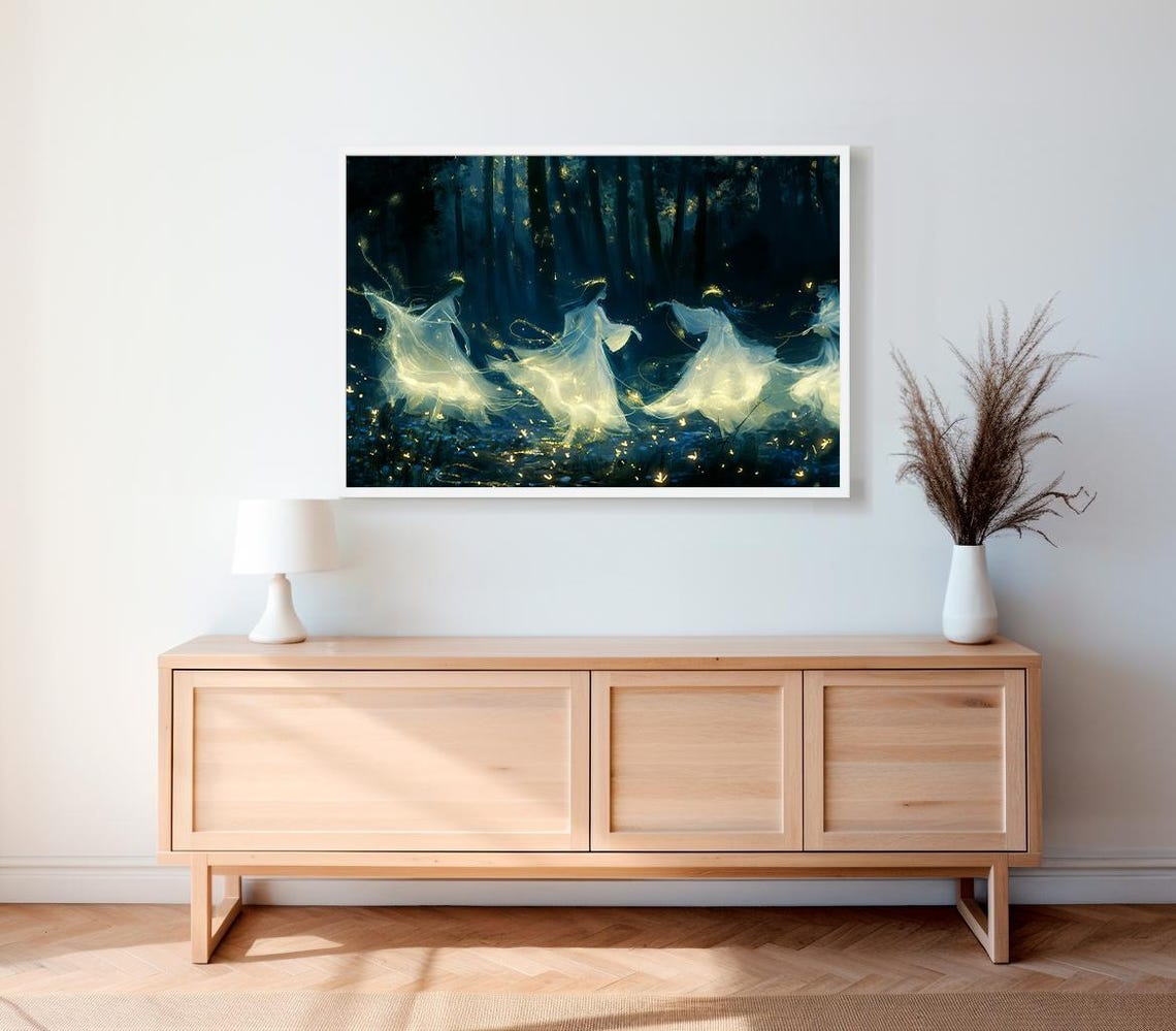 Ghostly Fairies in White Gowns in a Dark Forest Glow Scene Poster - Image 2