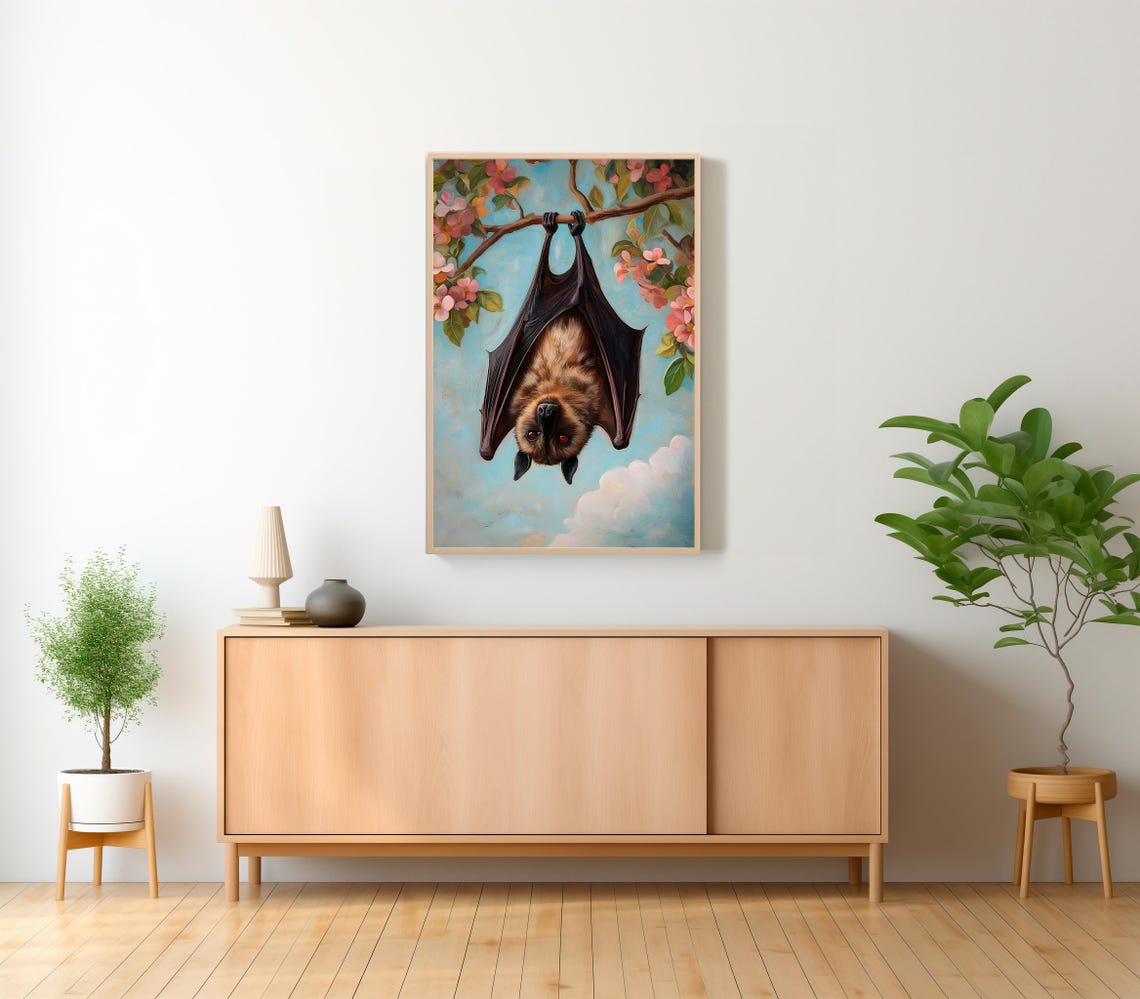 Flying Fox Bat Hanging from a Flowering Branch Painting Poster - Image 2