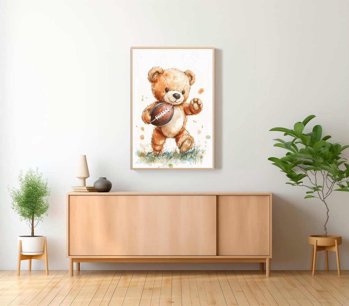 Teddy Bear Running American Football Watercolor Nursery Poster - Image 2