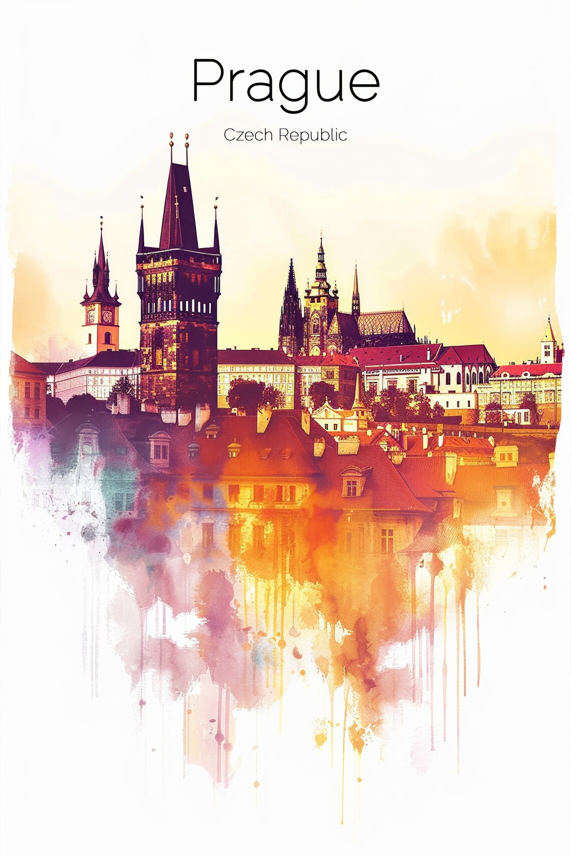 Prague Czech Republic Watercolor Skyline Old Town Towers Poster - Image 2