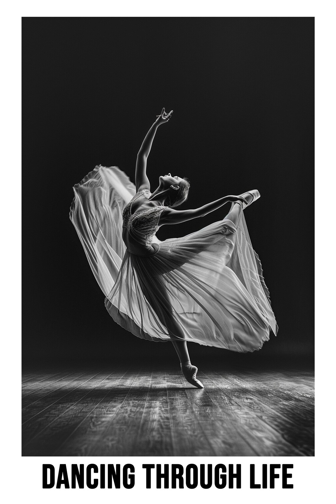 Elegant Ballerina Mid Performance Dancing Through Life Black White Poster - Image 2