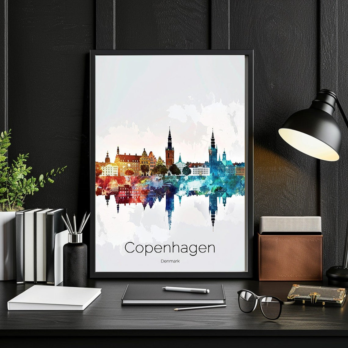 Copenhagen Denmark Watercolor Skyline Harbor Spires Evening Poster