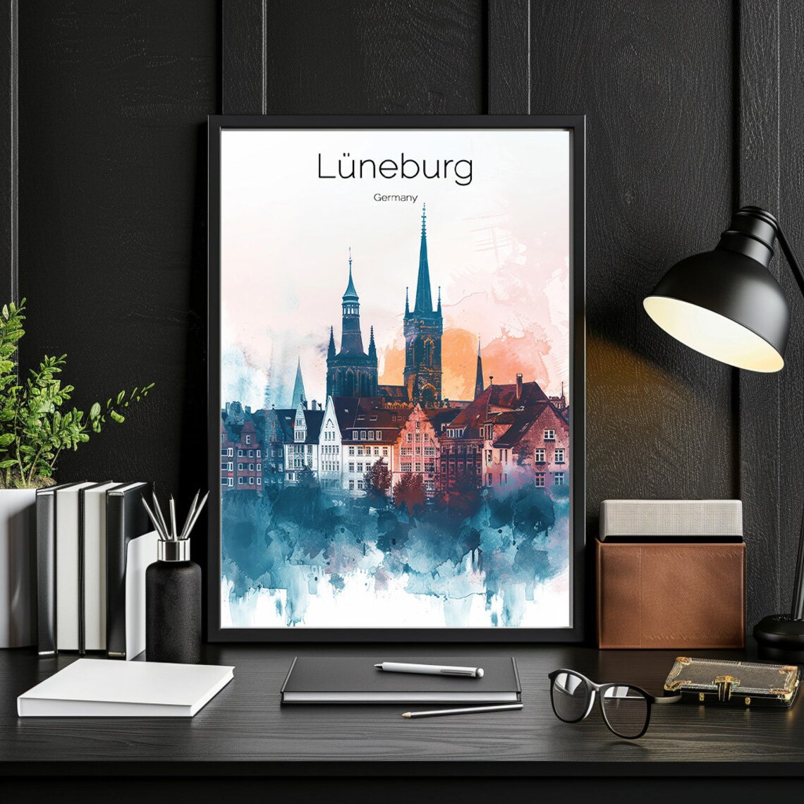 Luneburg Germany Old Town Pastel Watercolor Churches Travel Poster