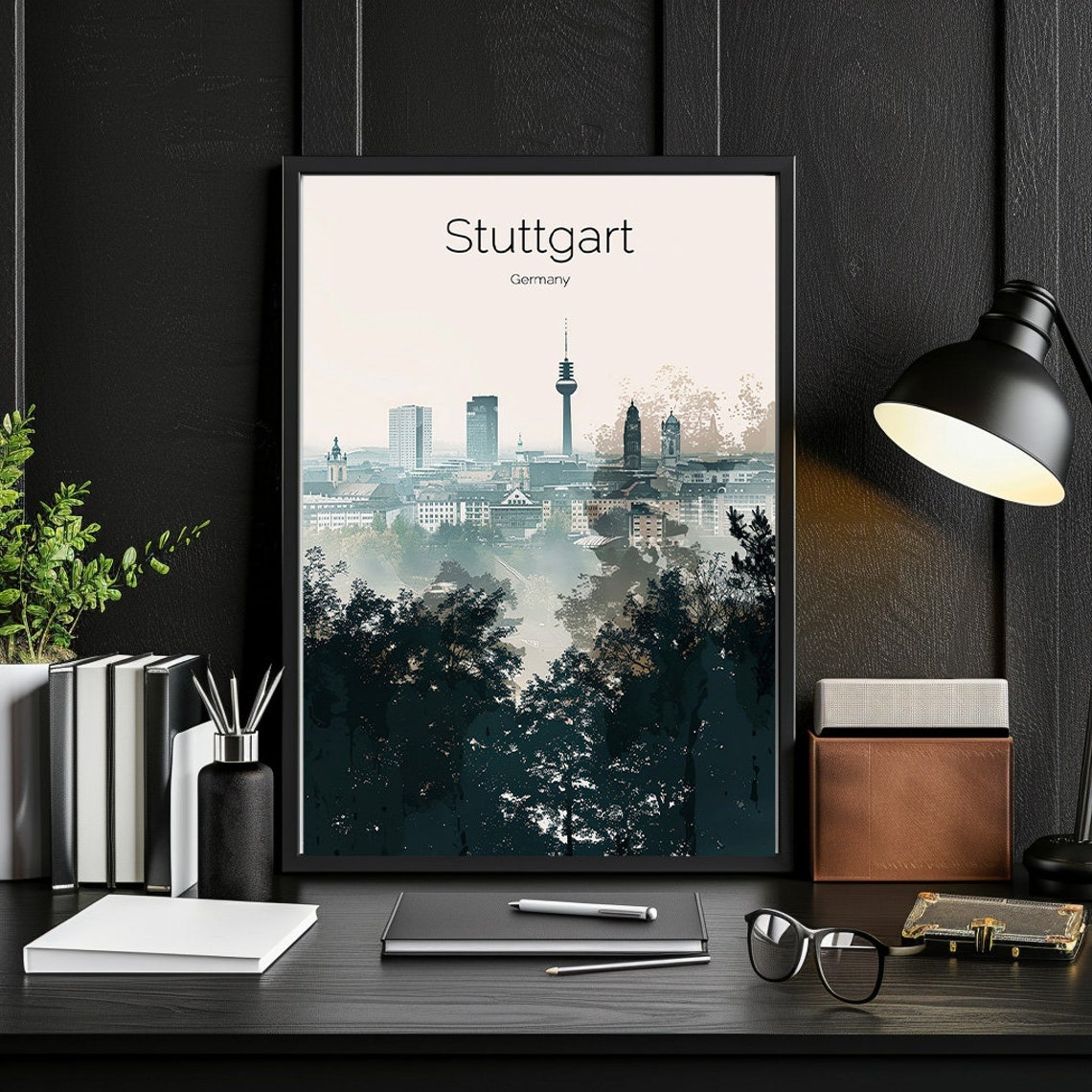 Stuttgart Germany TV Tower Grey Watercolor Forest Skyline Poster