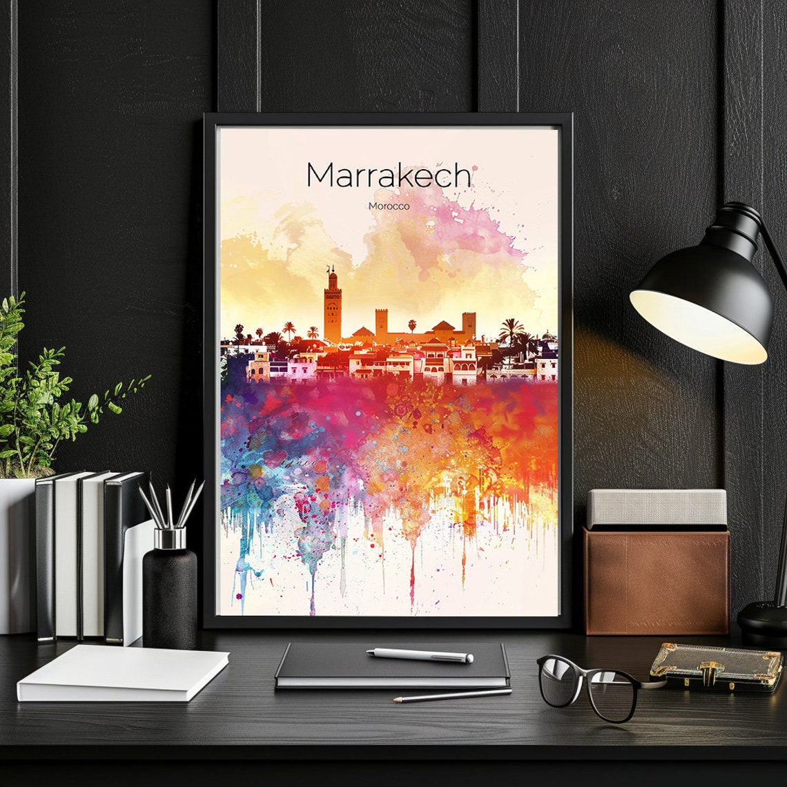 Marrakech Morocco Watercolor Koutoubia Minaret Sunset Sky Poster