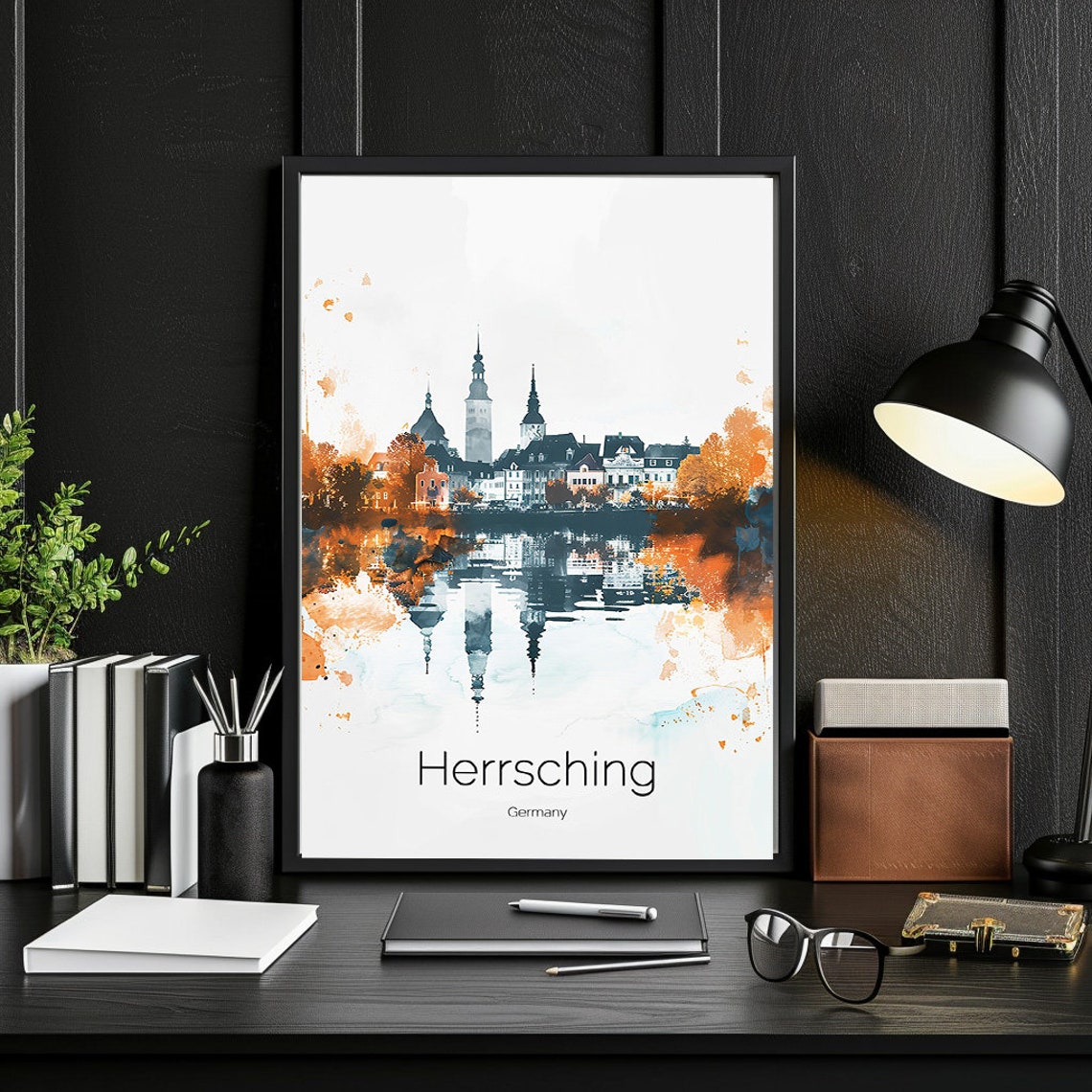 Herrsching Germany Watercolor Lake Town Church Sunset Shore Poster