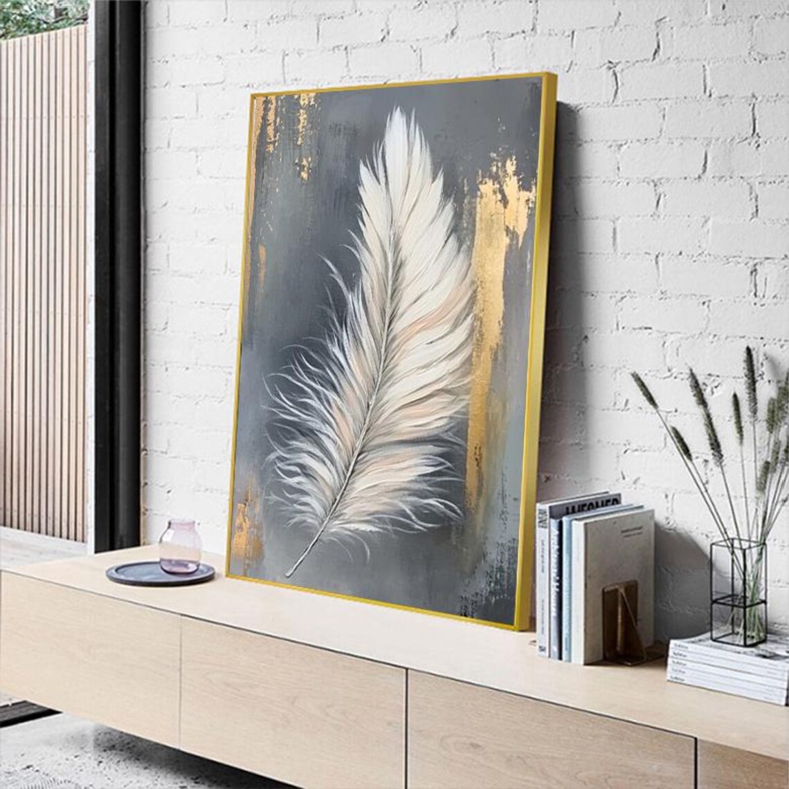 White Feather With Gold Accents Grey Minimalist Art Painting Poster - Image 5