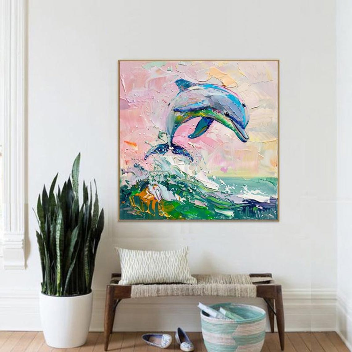 Joyful Leaping Rainbow Dolphin Over Sparkling Green Ocean Wave Poster - Image 4