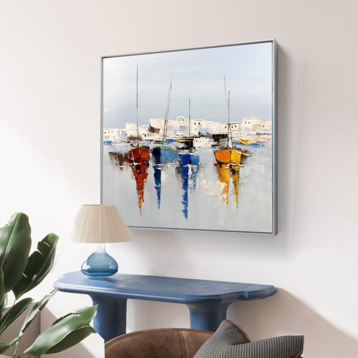 Sailboats in Harbor, Bright Blue Seascape Art Print - Image 4