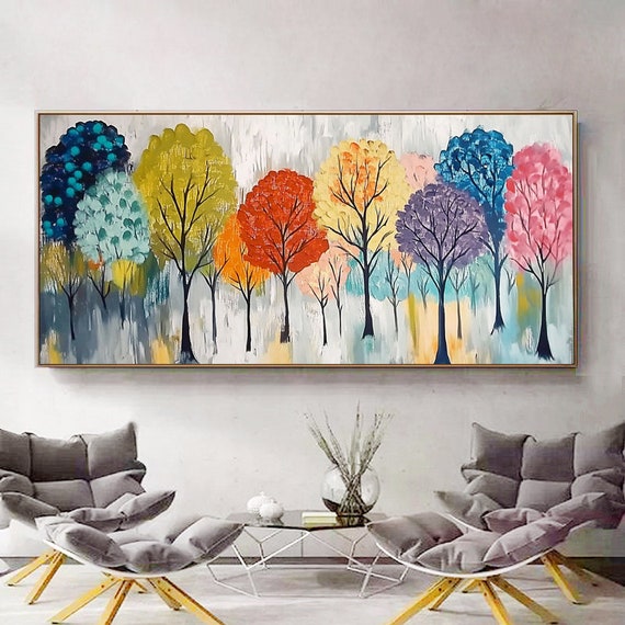 Hand Painted Abstract Oil Painting Colorful Tree Textured Layered Art For Living Room Entryway Dining Room