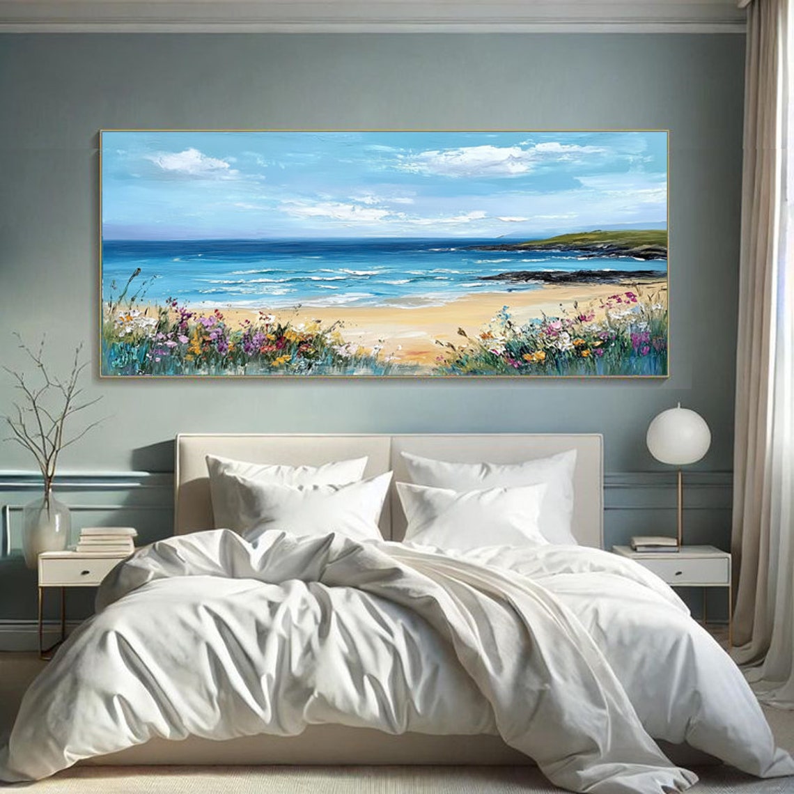 Sunny Flower Fringed Beach With a Rocky Cove Panoramic Poster - Image 2
