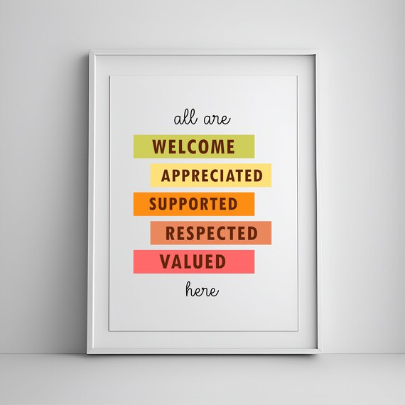 All Are Welcome Appreciated Supported Respected Valued Classroom Poster